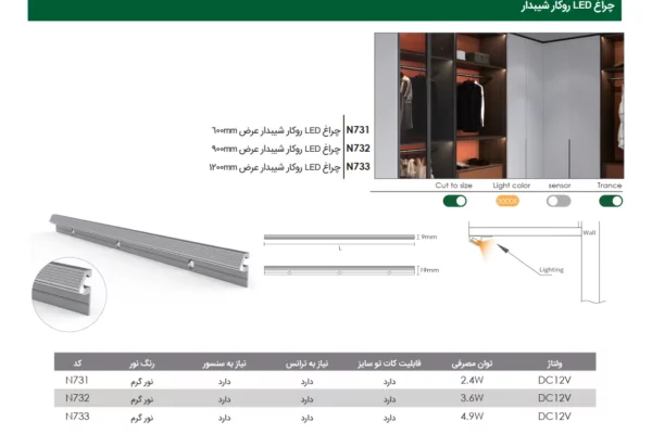 چراغ LED داخل کمد و کابینت روکار شیب دار 12 ولت شیب دار