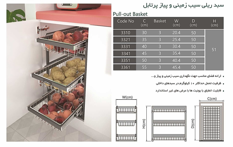 سبد سیب زمینی و پیاز پرتابل پلاتین سه طبقه مشخصات و ویژگی